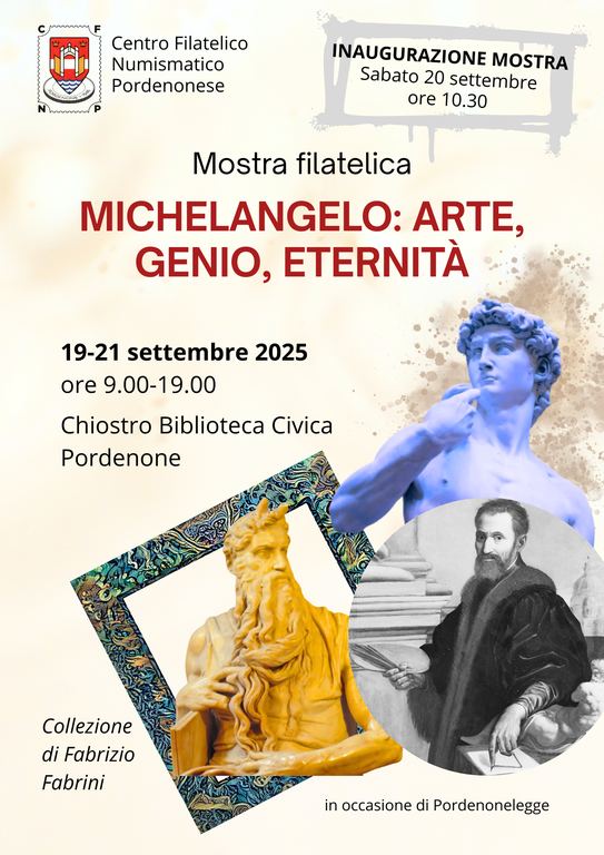 Dal 19 al 21 settembre mostra filatelica su Michelangelo. Chiostro della Biblioteca Civica, ore 9.00-19.00.